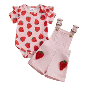 Baby Girls Summer Outfit Strawberry Print, Embroidery Short Sleeve Romper and Casual Overalls Shorts